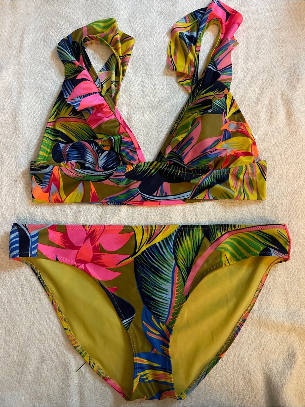 aerie Olive Green Tropical Print Bikini with Pink & Navy Accents